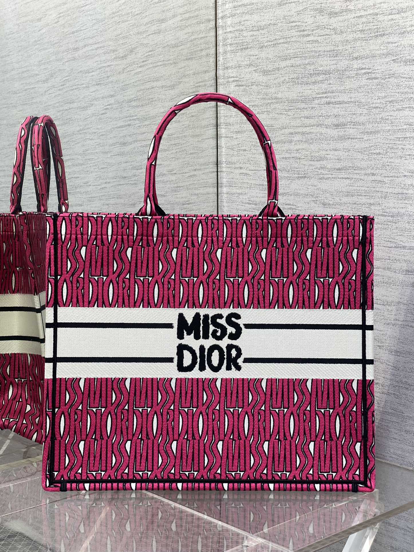 Large Dior Book Tote Bag Red and White Miss Dior Allover Embroidery